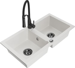 MEXEN/S - Mario granitový drez 2-bowl vrátane batérie Aster, biela (6504-20-73450-70-B)