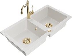 MEXEN/S - Mario granitový drez 2-bowl vrátane batérie Carla, biela (6504-20-670700-50)