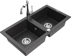 MEXEN/S - Mario granitový drez 2-bowl vrátane batérie Carla, čierna kropenatá (6504-76-670700-00)