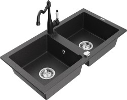 MEXEN/S - Mario granitový drez 2-bowl vrátane batérie Carla, čierna kropenatá (6504-76-670700-70)