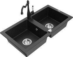 MEXEN/S - Mario granitový drez 2-bowl vrátane batérie Carla, čierna/strieborná metalík (6504-73-670700-70)