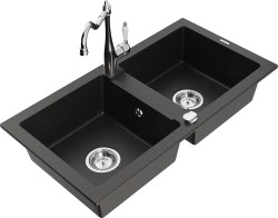 MEXEN/S - Mario granitový drez 2-bowl vrátane batérie Carla, čierna/zlatá metalik (6504-75-670700-00)