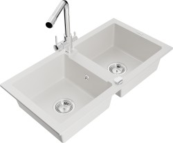 MEXEN/S - Mario granitový drez 2-bowl vrátane batérie Duero, biela (6504-20-671600-00)