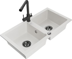 MEXEN/S - Mario granitový drez 2-bowl vrátane batérie Duero, biela (6504-20-671600-70)