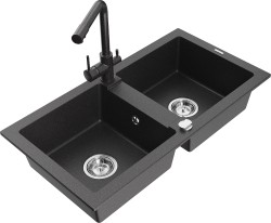 MEXEN/S - Mario granitový drez 2-bowl vrátane batérie Duero, čierna kropenatá (6504-76-671600-76)