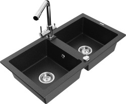 MEXEN/S - Mario granitový drez 2-bowl vrátane batérie Duero, čierna/strieborná metalík (6504-73-671600-00)