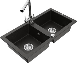 MEXEN/S - Mario granitový drez 2-bowl vrátane batérie Duero, čierna/zlatá metalik (6504-75-671600-00)