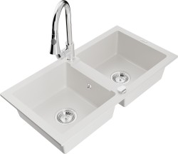 MEXEN/S - Mario granitový drez 2-bowl vrátane batérie Elia, biela (6504-20-670101-00)