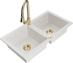 MEXEN/S - Mario granitový drez 2-bowl vrátane batérie Elia, biela (6504-20-670101-50)