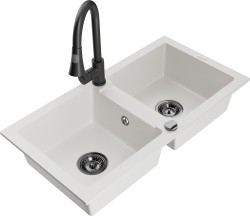 MEXEN/S - Mario granitový drez 2-bowl vrátane batérie Elia, biela (6504-20-670101-70)