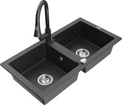 MEXEN/S - Mario granitový drez 2-bowl vrátane batérie Elia, čierna kropenatá (6504-76-670101-76)