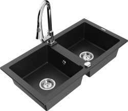 MEXEN/S - Mario granitový drez 2-bowl vrátane batérie Elia, čierna/strieborná metalík (6504-73-670101-00)