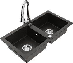 MEXEN/S - Mario granitový drez 2-bowl vrátane batérie Elia, čierna/zlatá metalik (6504-75-670101-00)