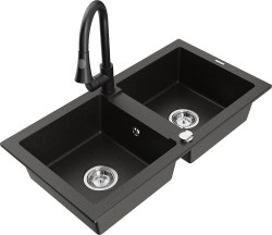 MEXEN/S - Mario granitový drez 2-bowl vrátane batérie Elia, čierna/zlatá metalik (6504-75-670101-70)