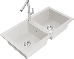MEXEN/S - Mario granitový drez 2-bowl vrátane batérie Flora, biela (6504-20-670401-00)