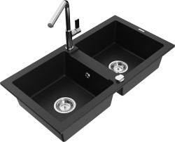 MEXEN/S - Mario granitový drez 2-bowl vrátane batérie Flora, čierna (6504-77-670401-00)