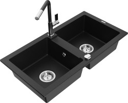 MEXEN/S - Mario granitový drez 2-bowl vrátane batérie Flora, čierna (6504-77-670401-07)