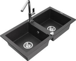 MEXEN/S - Mario granitový drez 2-bowl vrátane batérie Flora, čierna kropenatá (6504-76-670401-00)