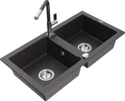 MEXEN/S - Mario granitový drez 2-bowl vrátane batérie Flora, čierna kropenatá (6504-76-670401-08)