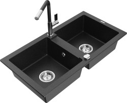 MEXEN/S - Mario granitový drez 2-bowl vrátane batérie Flora, čierna/strieborná metalík (6504-73-670401-07)