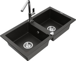 MEXEN/S - Mario granitový drez 2-bowl vrátane batérie Flora, čierna/zlatá metalik (6504-75-670401-00)