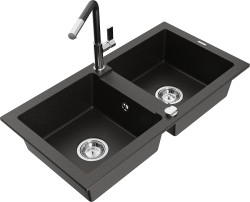 MEXEN/S - Mario granitový drez 2-bowl vrátane batérie Flora, čierna/zlatá metalik (6504-75-670401-07)