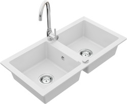 MEXEN/S - Mario granitový drez 2-bowl vrátane batérie Telma, biela (6504-20-670200-00)