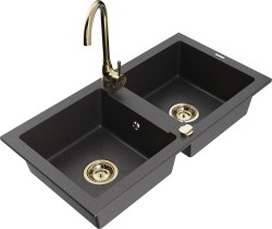 MEXEN/S - Mario granitový drez 2-bowl vrátane batérie Telma, čierna kropenatá (6504-76-670200-50)