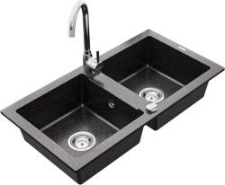 MEXEN/S - Mario granitový drez 2-bowl vrátane batérie Telma, čierna kropenatý (6504-76-670200-00)