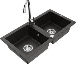 MEXEN/S - Mario granitový drez 2-bowl vrátane batérie Telma, čierna/zlatá (6504-75-670200-00)