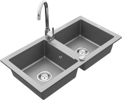 MEXEN/S - Mario granitový drez 2-bowl vrátane batérie Telma, šedá (6504-71-670200-00)