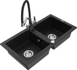 MEXEN/S - Mario granitový drez 2-bowly vrátane batérie Duo, čierna (6504-77-671701-07)