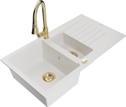 MEXEN/S - Matias granitový drez 1.5 s odkvapkávačom vrátane batérie Elia, biela (6502-20-670101-50)