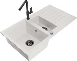 MEXEN/S - Matias granitový drez 1.5 s odkvapkávačom vrátane batérie Flora, biela (6502-20-670401-70-B)