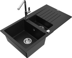 MEXEN/S - Matias granitový drez 1.5 s odkvapkávačom vrátane batérie Flora, čierna (6502-77-670401-00)