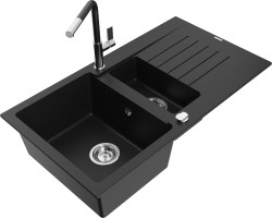 MEXEN/S - Matias granitový drez 1.5 s odkvapkávačom vrátane batérie Flora, čierna (6502-77-670401-07)
