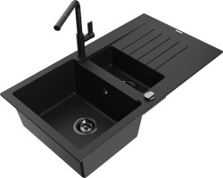 MEXEN/S - Matias granitový drez 1.5 s odkvapkávačom vrátane batérie Flora, čierna (6502-77-670401-70-B)