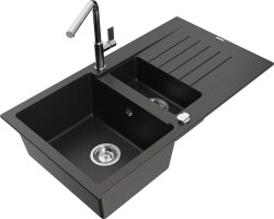 MEXEN/S - Matias granitový drez 1.5 s odkvapkávačom vrátane batérie Flora, čierna/zlatá metalik (6502-75-670401-00)