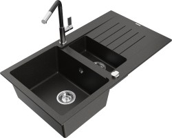 MEXEN/S - Matias granitový drez 1.5 s odkvapkávačom vrátane batérie Flora, čierna/zlatá metalik (6502-75-670401-07)