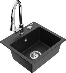 MEXEN/S - Milo granitový drez 1-miska vrátane batérie Elia, čierna/strieborná metalík (6505-73-670101-00)