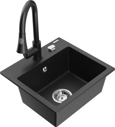 MEXEN/S - Milo granitový drez 1-miska vrátane batérie Elia, čierna/strieborná metalík (6505-73-670101-70)