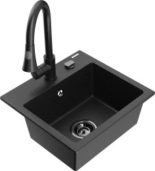 MEXEN/S - Milo granitový drez 1-miska vrátane batérie Elia, čierna/strieborná metalík (6505-73-670101-70-B)