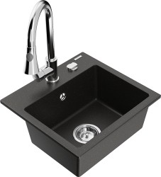 MEXEN/S - Milo granitový drez 1-miska vrátane batérie Elia, čierna/zlatá metalik (6505-75-670101-00)