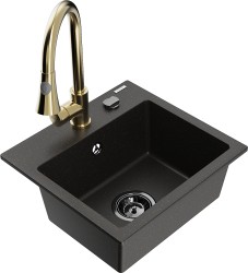 MEXEN/S - Milo granitový drez 1-miska vrátane batérie Elia, čierna/zlatá metalik (6505-75-670101-50-B)