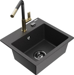 MEXEN/S - Milo granitový drez 1-miska vrátane batérie Flora, čierna kropenatá (6505-76-670401-75-B)