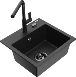MEXEN/S - Milo granitový drez 1-miska vrátane batérie Flora, čierna/strieborná metalík (6505-73-670401-70-B)