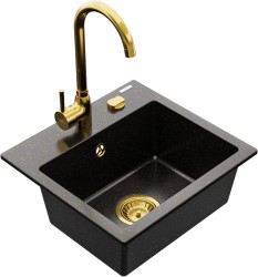 MEXEN/S - Milo granitový drez 1-miska vrátane batérie Telma, čierna/zlatý (6505-75-670200-50)