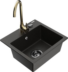 MEXEN/S - Milo granitový drez vrátane batérie Telma, čierna/zlatá (6505-75-670200-50-B)