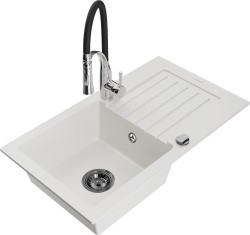 MEXEN/S - Pablo granitový drez 1 s odkvapkávačom vrátane batérie Aster, biela (6510-20-73450-07-B)