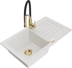 MEXEN/S - Pablo granitový drez 1 s odkvapkávačom vrátane batérie Aster, biela (6510-20-73450-57-G)